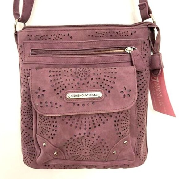 Stone Mountain Purse Cross Body Shoulder Bag Nubuck Perforated Burgundy (Plum) - Picture 2 of 5